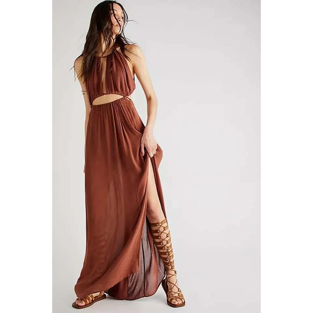 Free People Holy Smokes OOS rare sexy Maxi Dress Orange Black Boho Fall Size M - Picture 5 of 5